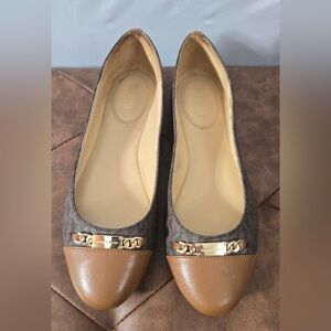 Michael Kors Brown and Tan Logo Cap-Toe Chain Ballet Flats